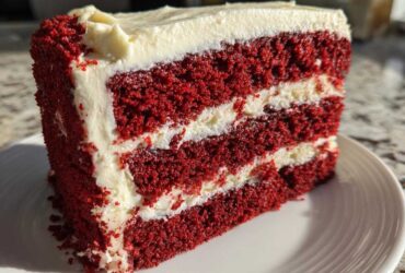 A tall, moist slice of red velvet cake featuring three layers of deep red cake separated by thick layers of white cream cheese frosting.