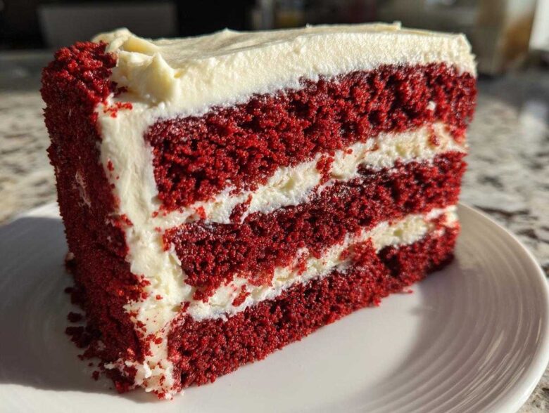 A tall, moist slice of red velvet cake featuring three layers of deep red cake separated by thick layers of white cream cheese frosting.