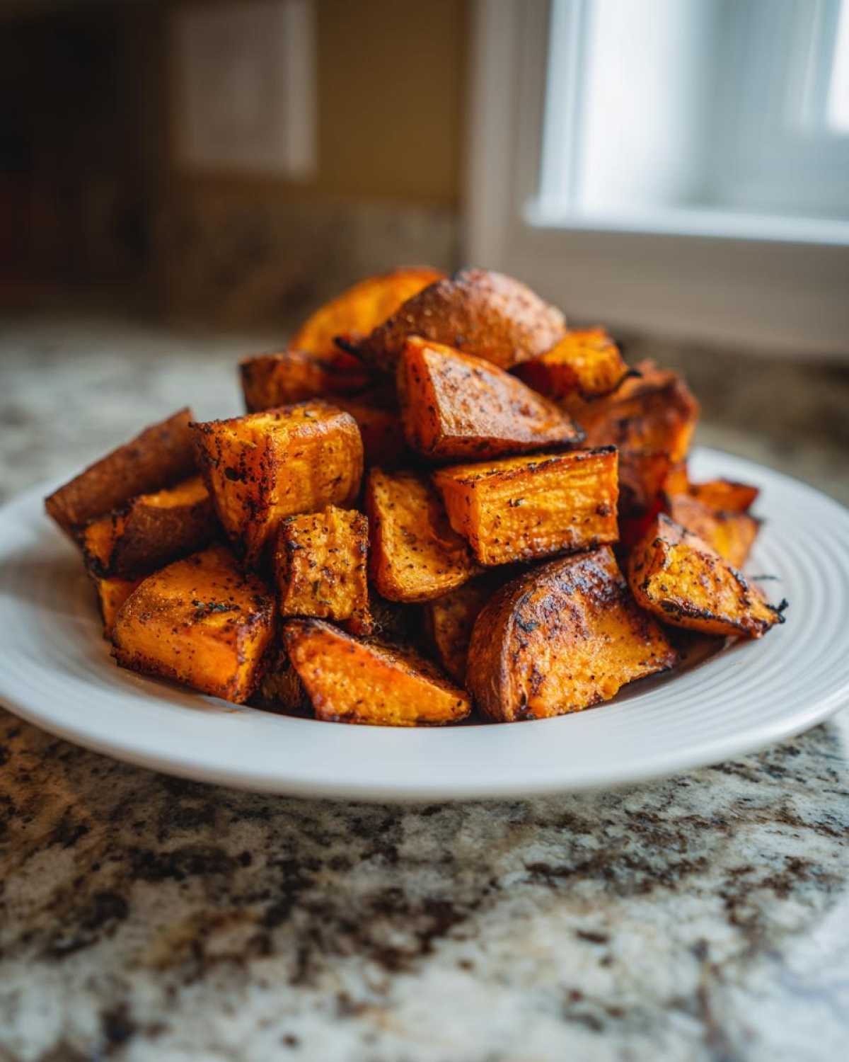 A generous pile of caramelized, perfectly roasted sweet potato chunks seasoned with spices on a white plate.