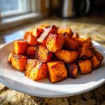 A white plate piled high with perfectly caramelized and slightly charred roasted sweet potato cubes.