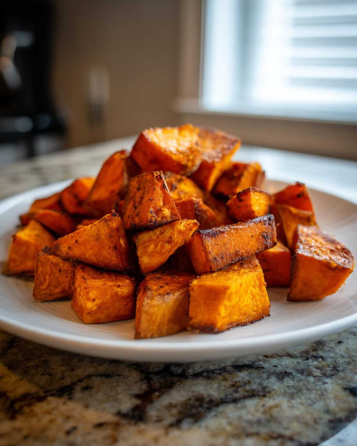 A close-up of a white plate piled high with perfectly seasoned roasted sweet potato cubes.