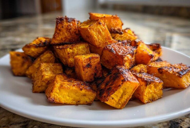 A pile of perfectly caramelized roasted sweet potato cubes piled high on a white plate.