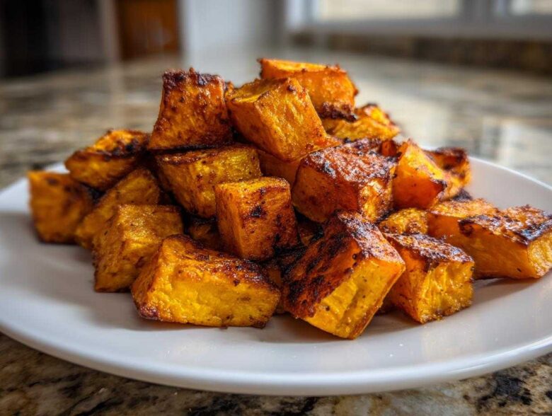 A pile of perfectly caramelized roasted sweet potato cubes piled high on a white plate.