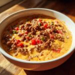 Close-up of a creamy, cheesy rotel dip topped with seasoned ground beef, diced tomatoes, and green chilies.
