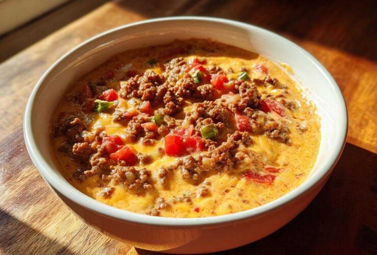 Close-up of a creamy, cheesy rotel dip topped with seasoned ground beef, diced tomatoes, and green chilies.