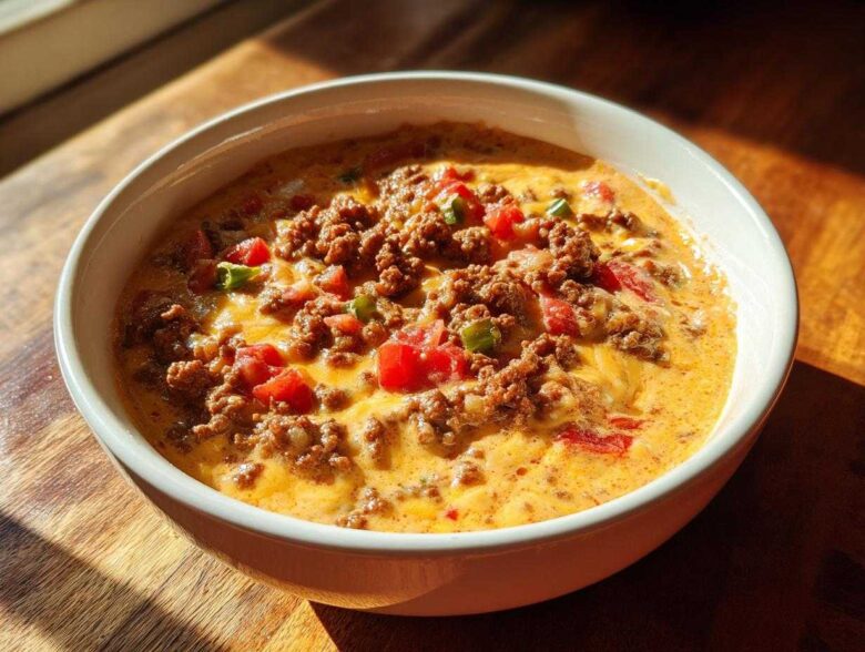 Close-up of a creamy, cheesy rotel dip topped with seasoned ground beef, diced tomatoes, and green chilies.