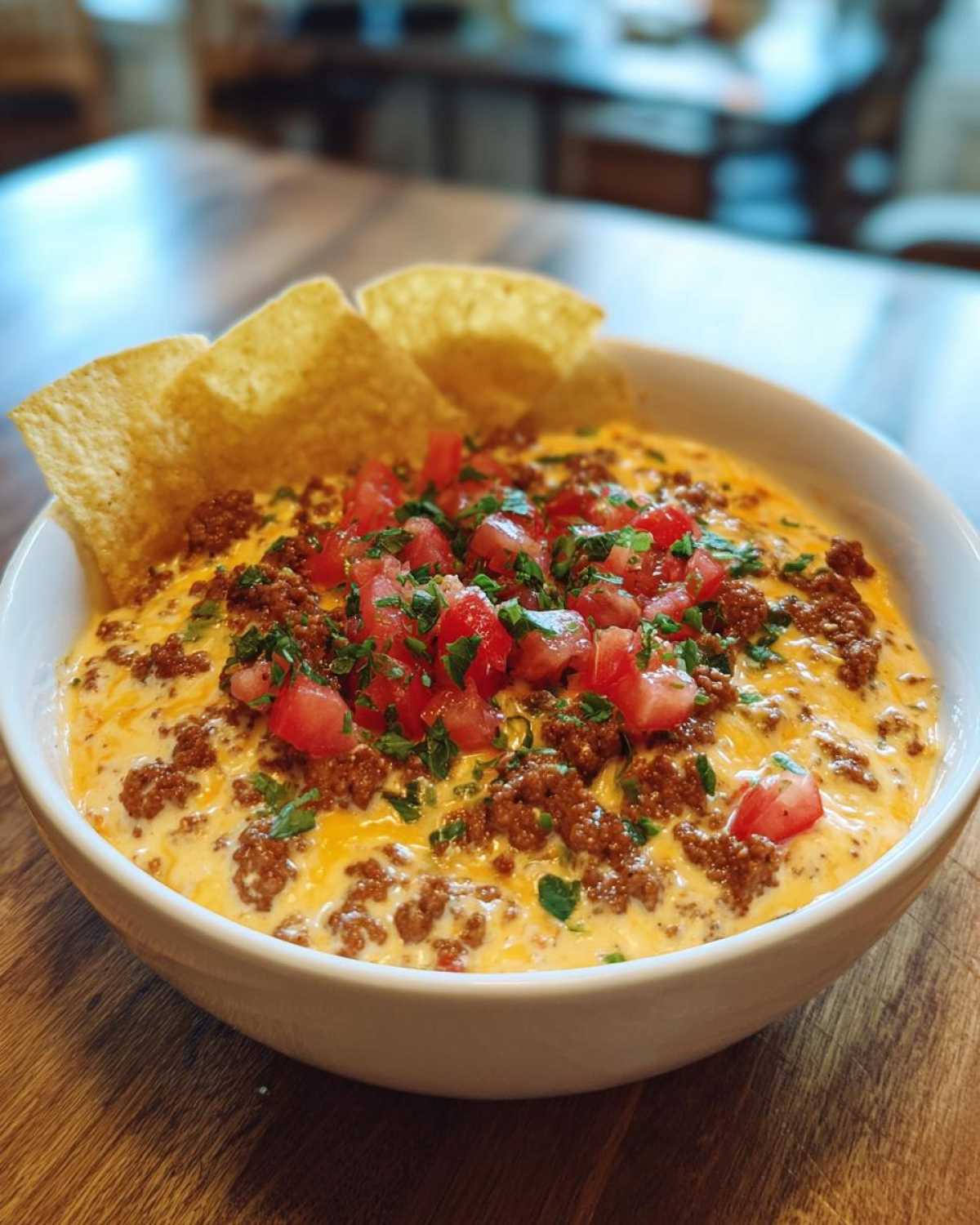 A close-up of a white bowl filled with creamy, cheesy rotel dip topped with ground beef, diced tomatoes, and cilantro, served with tortilla chips.