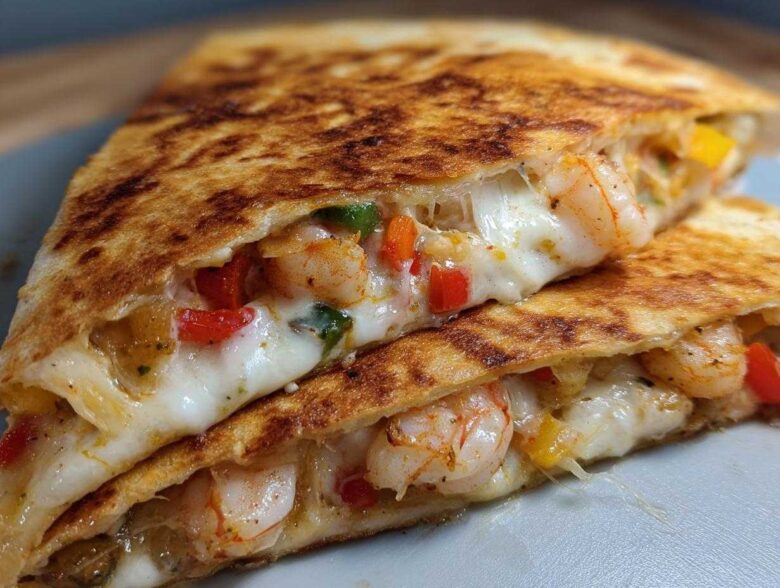 Close-up of a perfectly grilled shrimp quesadilla slice showing melted white cheese, seasoned shrimp, and colorful bell peppers.
