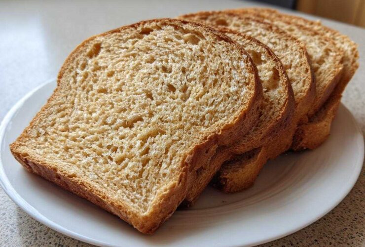 Four golden-brown slices of homemade whole wheat bread fanned out on a white plate.