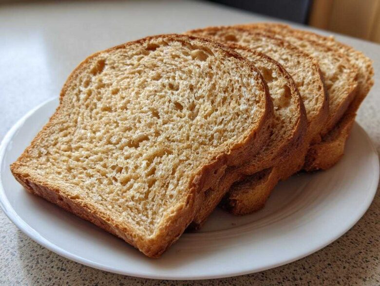 Four golden-brown slices of homemade whole wheat bread fanned out on a white plate.
