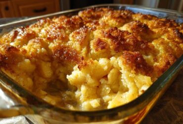 Close-up of a golden brown, bubbly apple cobbler recipe baked in a clear glass dish.
