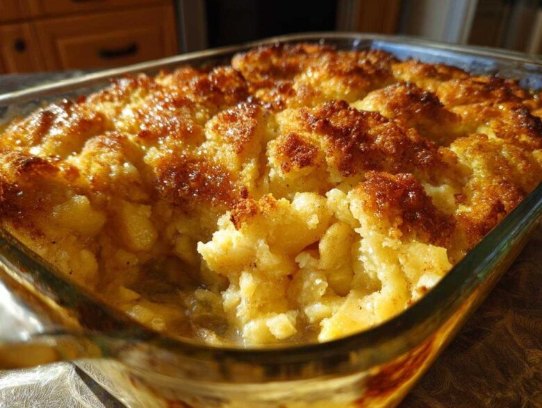 Close-up of a golden brown, bubbly apple cobbler recipe baked in a clear glass dish.