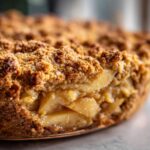 Close-up of a baked apple crisp recipe showing thick, gooey apple slices under a crunchy, golden brown streusel topping.