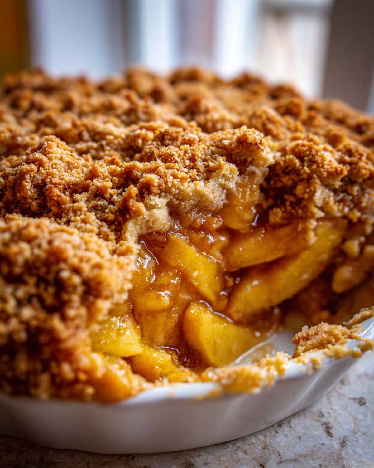 Close-up of a freshly baked apple crisp recipe showing warm, saucy apple slices beneath a thick, golden brown crumble topping.