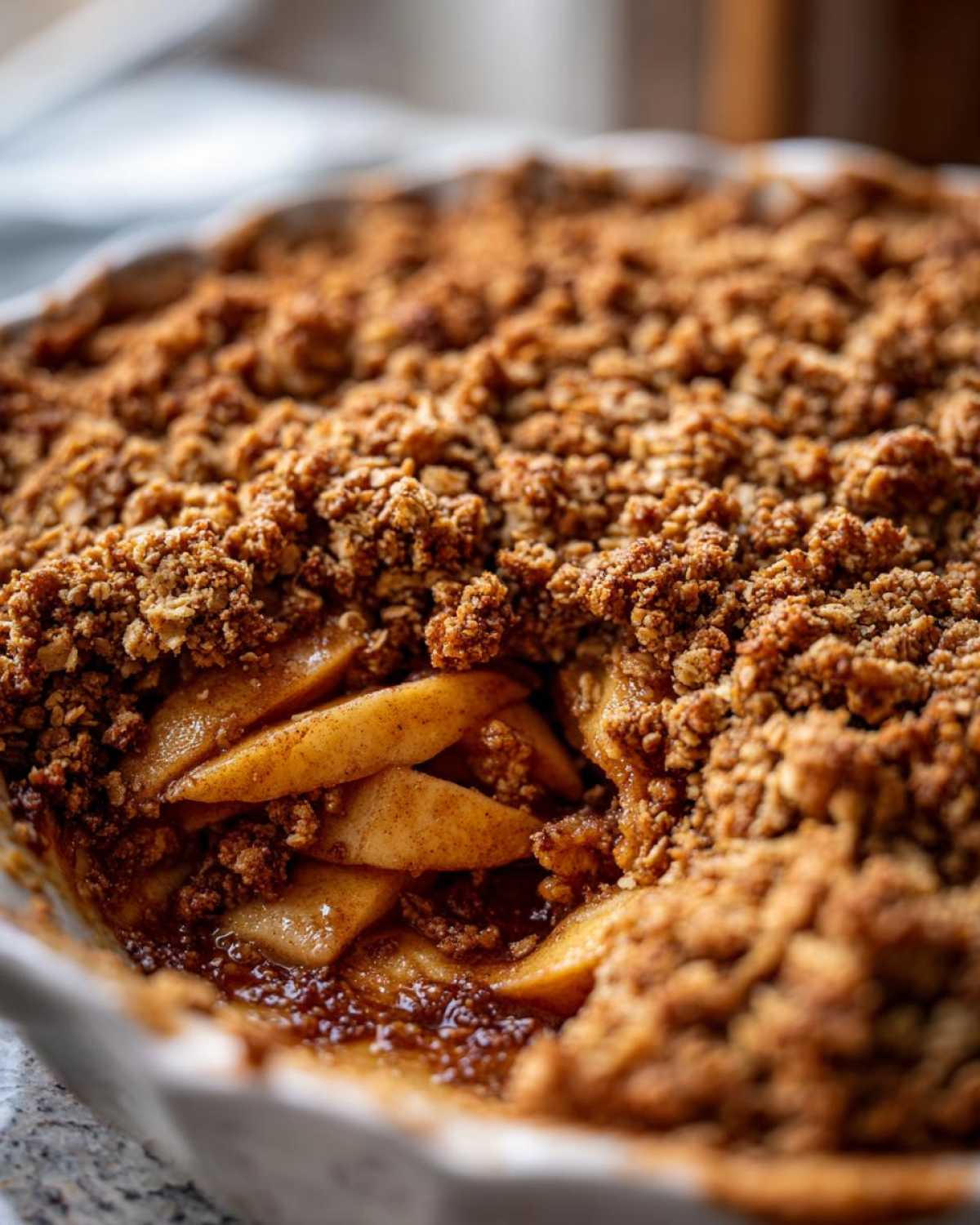 Close-up view of a freshly baked apple crisp recipe showing caramelized apple slices beneath a thick, crunchy oat topping.