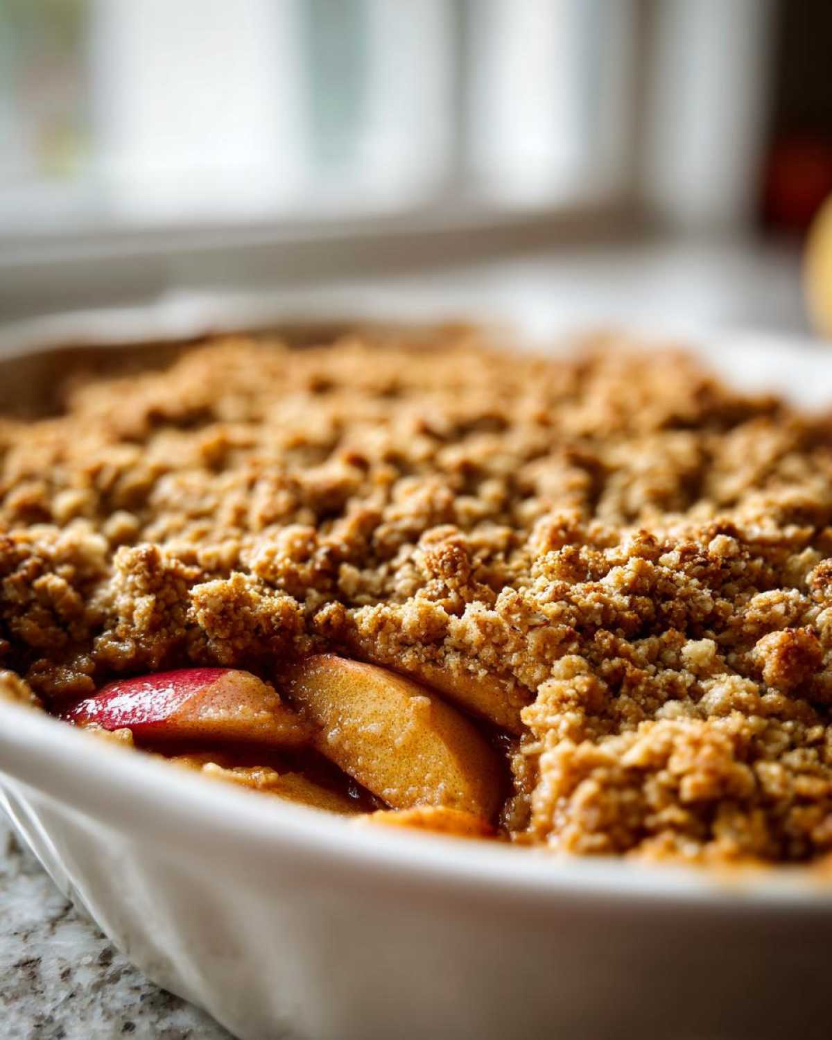 Close-up shot of a freshly baked apple crisp recipe with a thick, golden brown, crumbly topping over tender spiced apples.