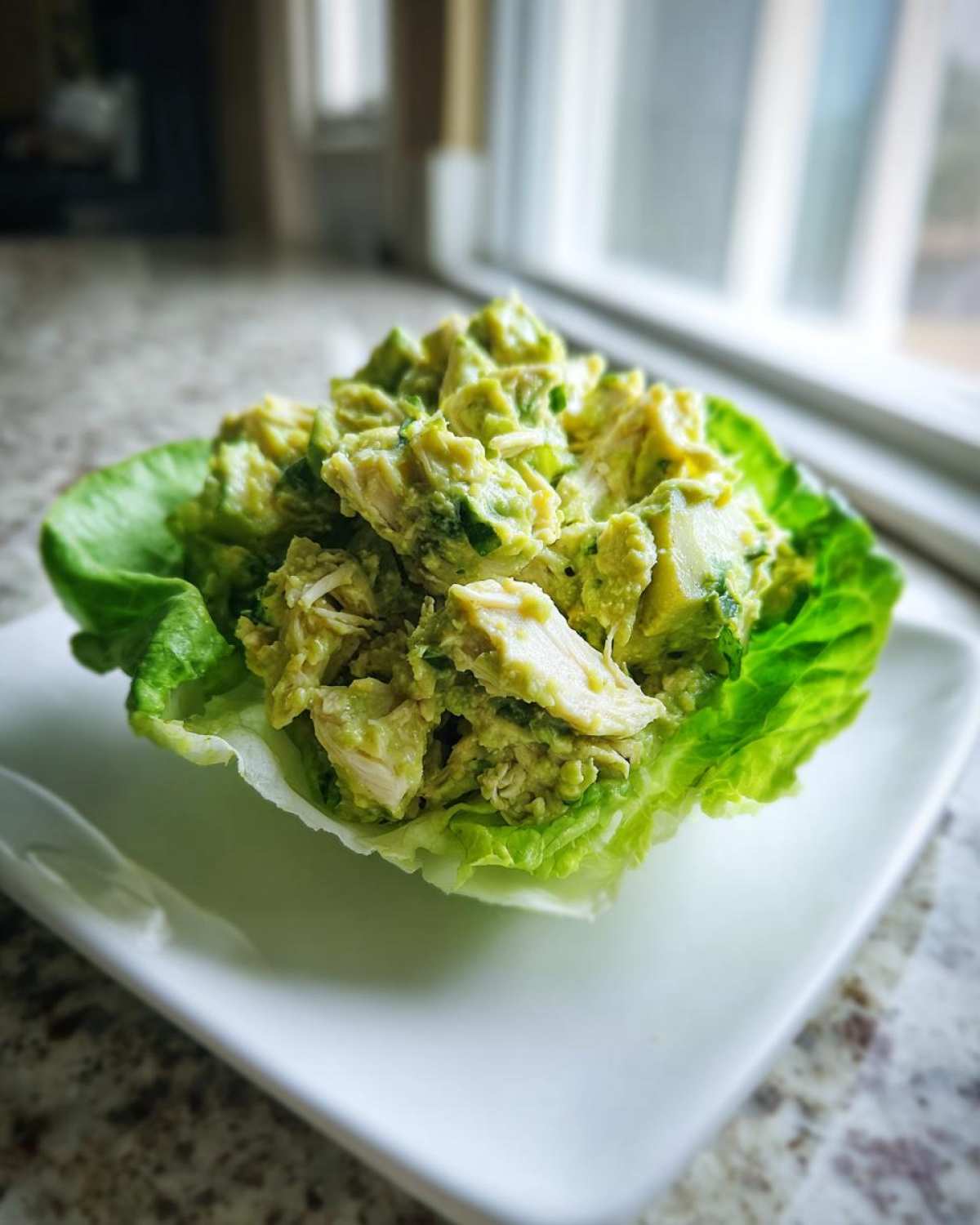 Close-up of creamy avocado chicken salad served in a crisp butter lettuce cup on a white plate.