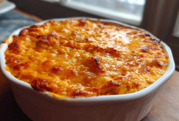 Close-up of a hot, baked Buffalo chicken dip in a white dish with a bubbly, golden-brown cheese topping.