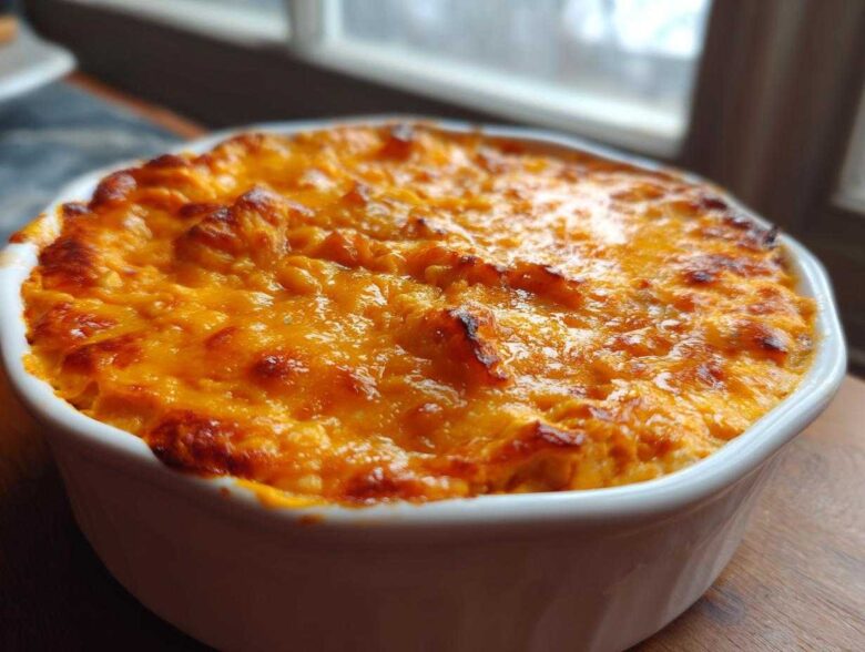 Close-up of a hot, baked Buffalo chicken dip in a white dish with a bubbly, golden-brown cheese topping.
