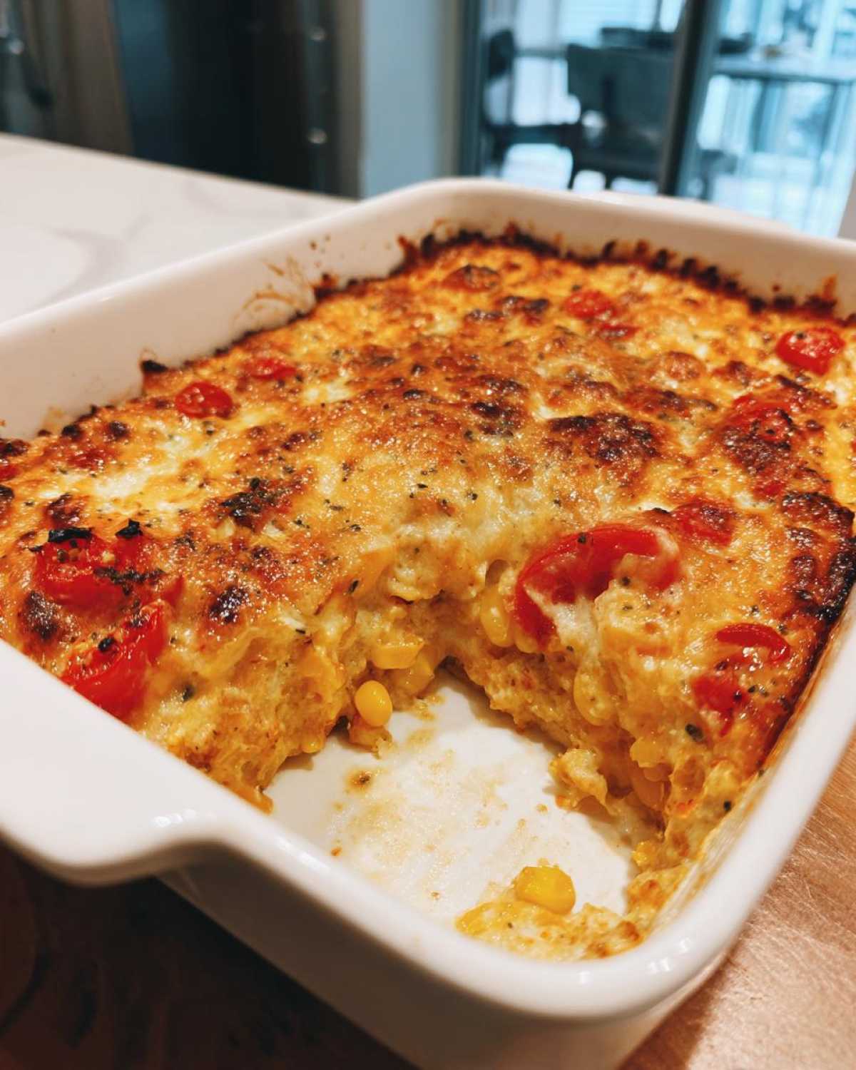 A freshly baked corn dip with cream cheese, featuring a golden-brown, cheesy top and visible cherry tomatoes.