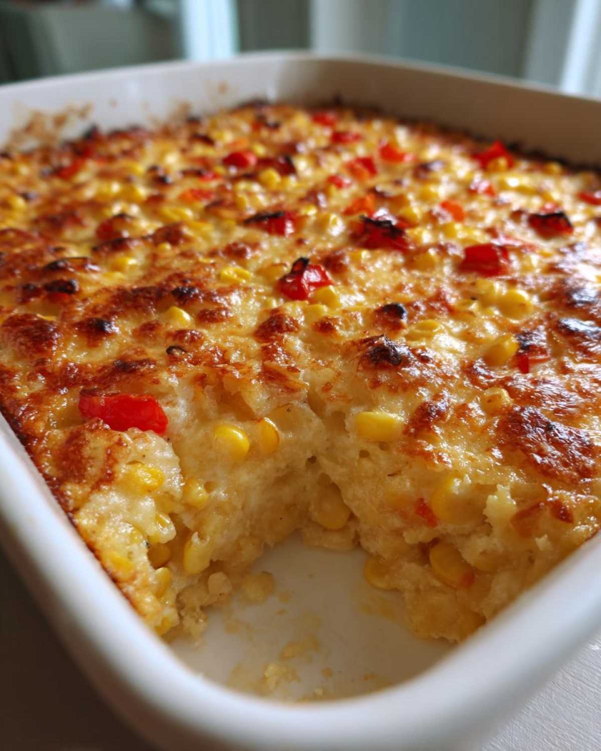 A close-up of baked corn dip with cream cheese, showing a golden-brown, cheesy top speckled with corn and red peppers.