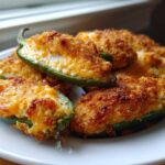Close-up of baked Jalapeño poppers stuffed with cheese and topped with a crispy, golden breadcrumb crust.
