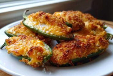 Close-up of baked Jalapeño poppers stuffed with cheese and topped with a crispy, golden breadcrumb crust.
