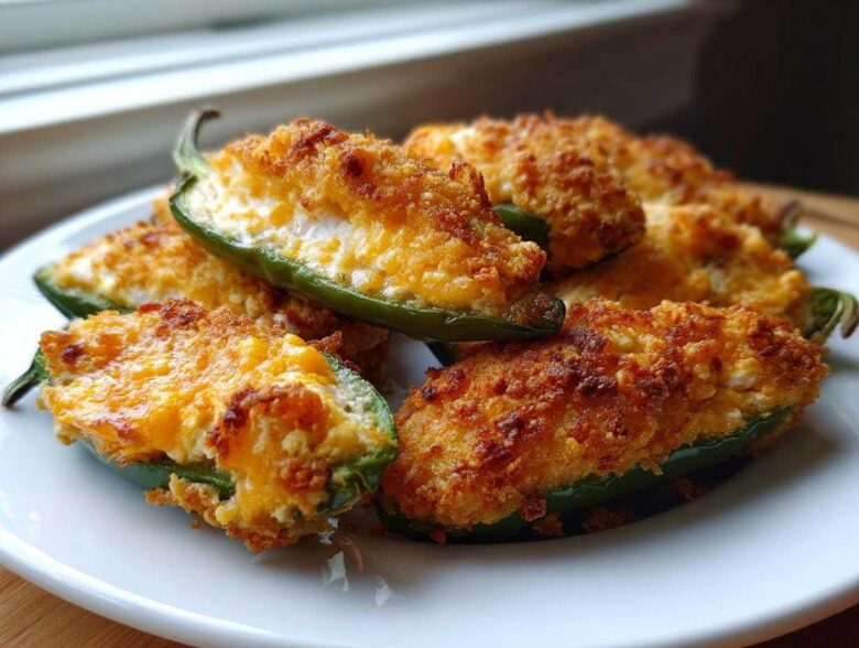 Close-up of baked Jalapeño poppers stuffed with cheese and topped with a crispy, golden breadcrumb crust.