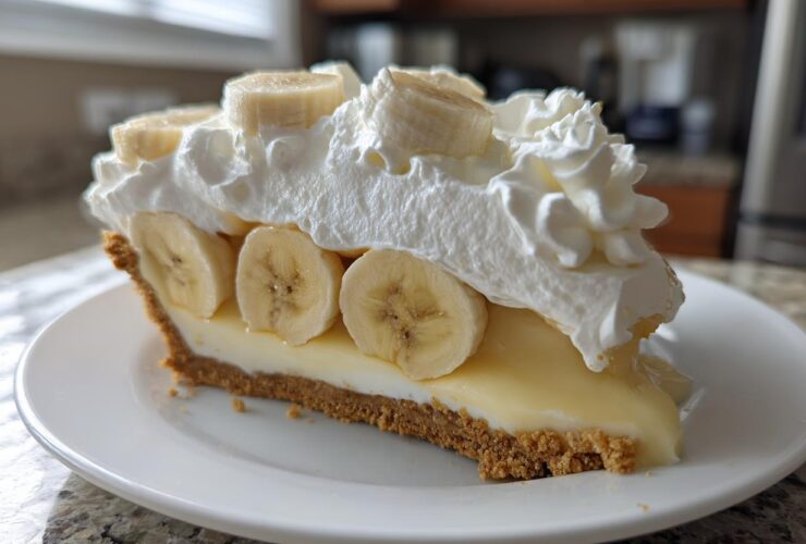 A generous slice of banana cream pie recipe featuring a graham cracker crust, creamy filling, fresh banana slices, and whipped cream.