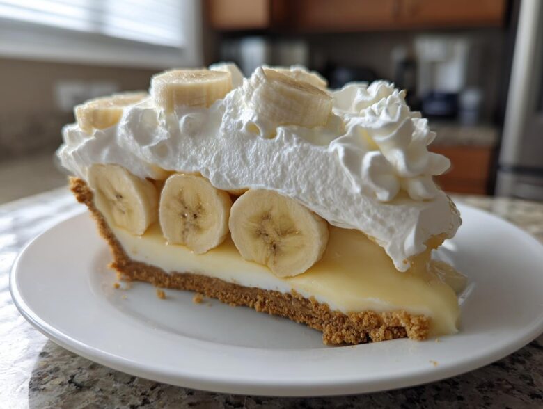 A generous slice of banana cream pie recipe featuring a graham cracker crust, creamy filling, fresh banana slices, and whipped cream.