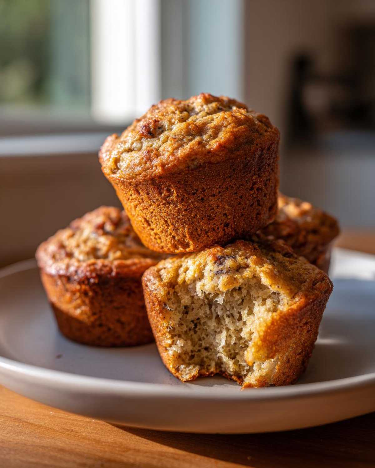 A stack of golden brown banana protein muffins on a light plate, one has a bite taken out showing the moist interior.