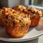 Close-up of several golden brown banana protein muffins sitting on a white plate near a window.
