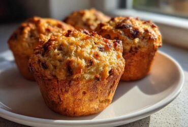 Close-up of several golden brown banana protein muffins sitting on a white plate near a window.