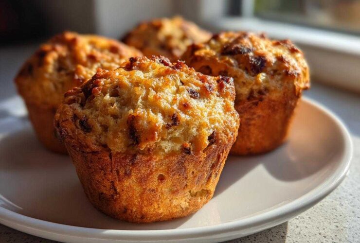 Close-up of several golden brown banana protein muffins sitting on a white plate near a window.