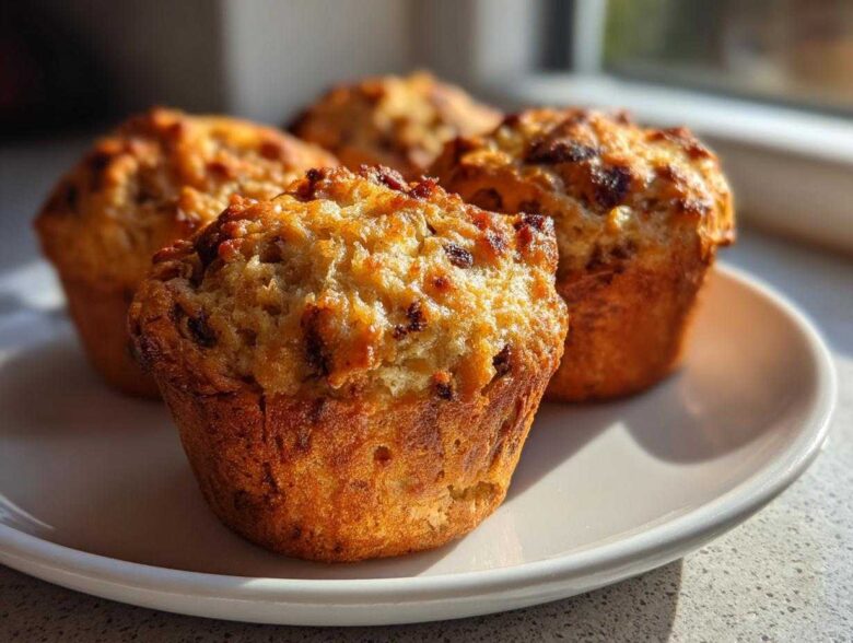 Close-up of several golden brown banana protein muffins sitting on a white plate near a window.