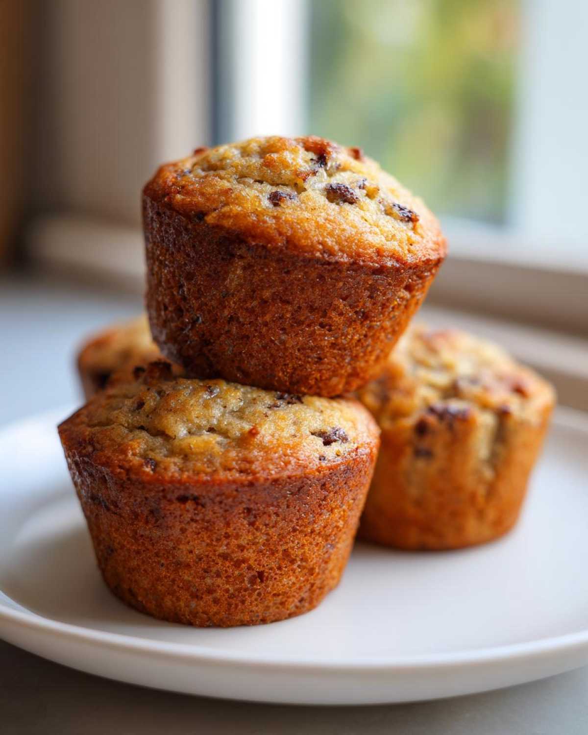 A stack of four golden-brown banana protein muffins, featuring visible chocolate chips, sitting on a white plate.