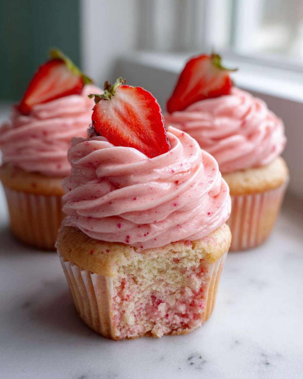 Close-up of a strawberry cupcake with a bite taken out, showing the pink interior and strawberry frosting topped with a fresh strawberry slice.