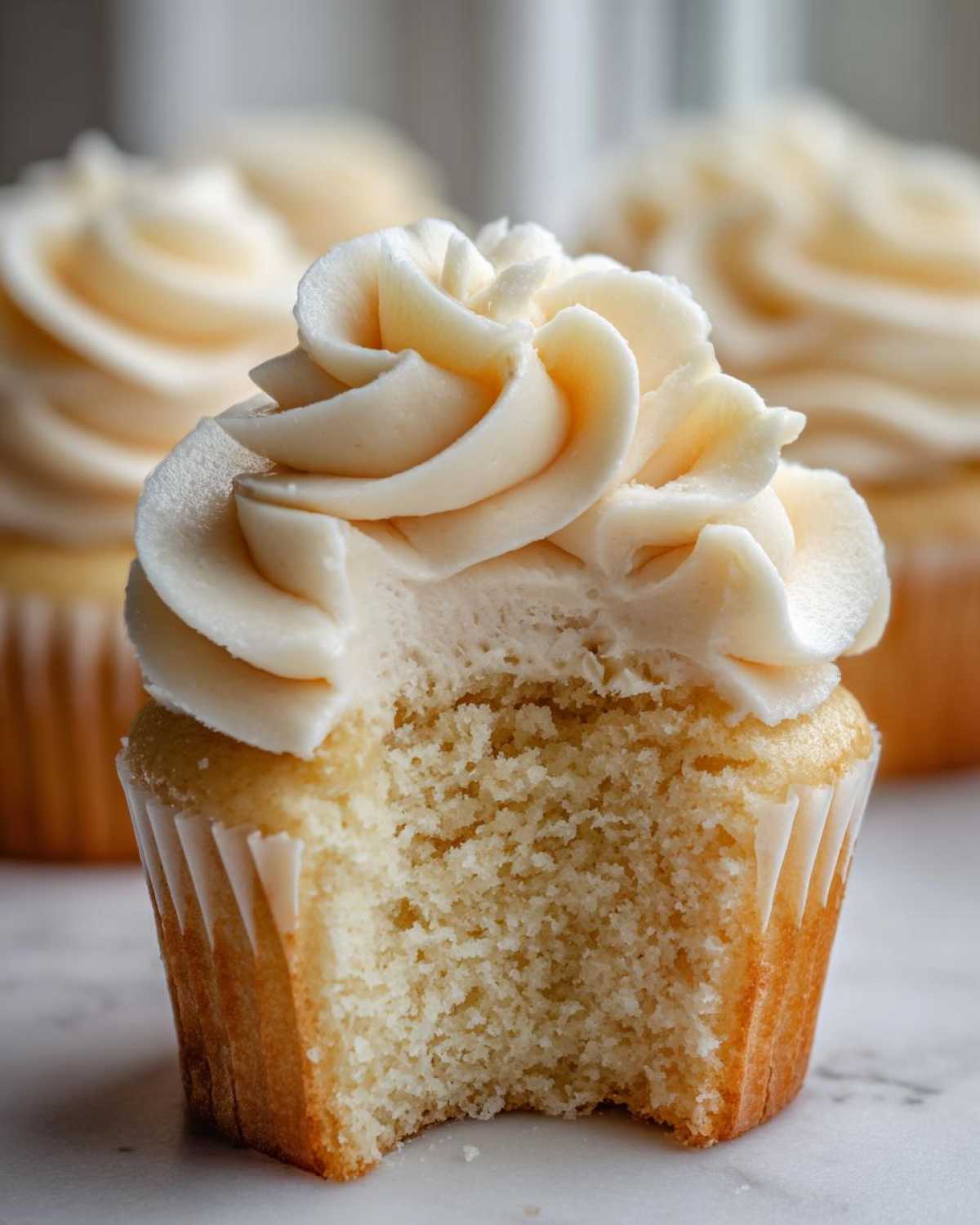 Close-up of a vanilla cupcake with a bite taken out, showing the moist crumb and swirled vanilla buttercream frosting.