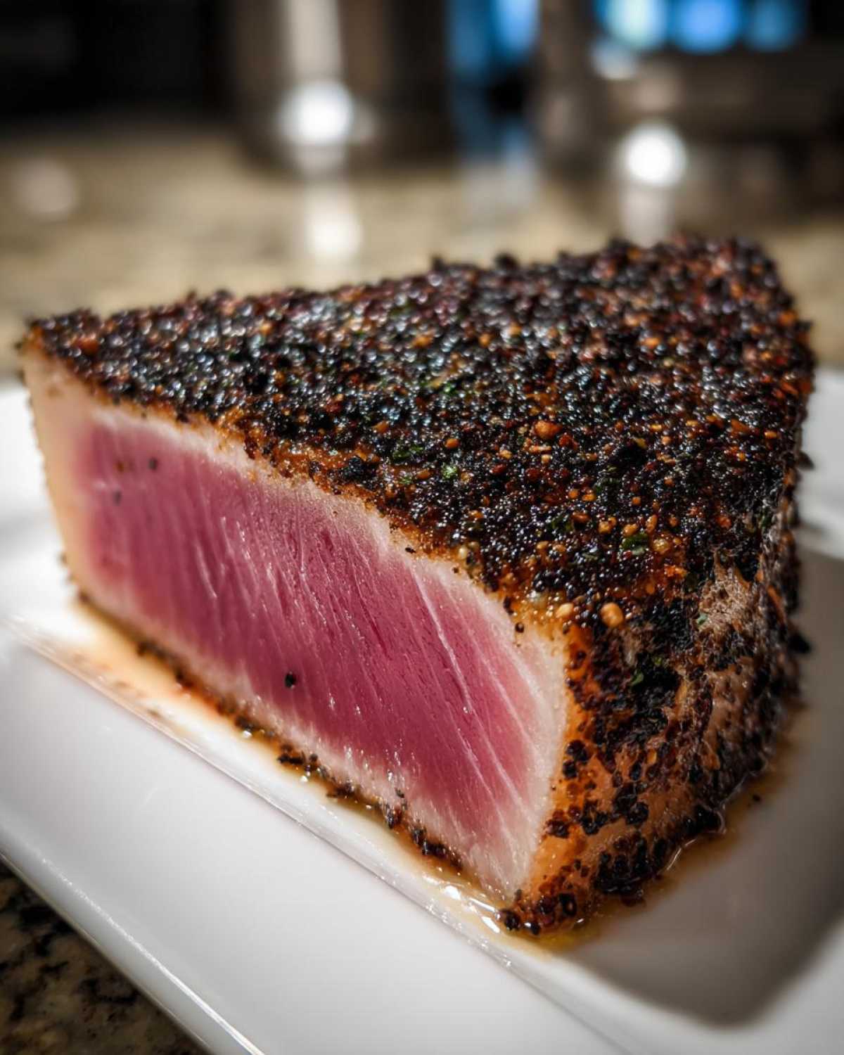 Close-up of a perfectly cooked, rare Blackened Tuna Steak showing the vibrant pink interior and dark spice crust.