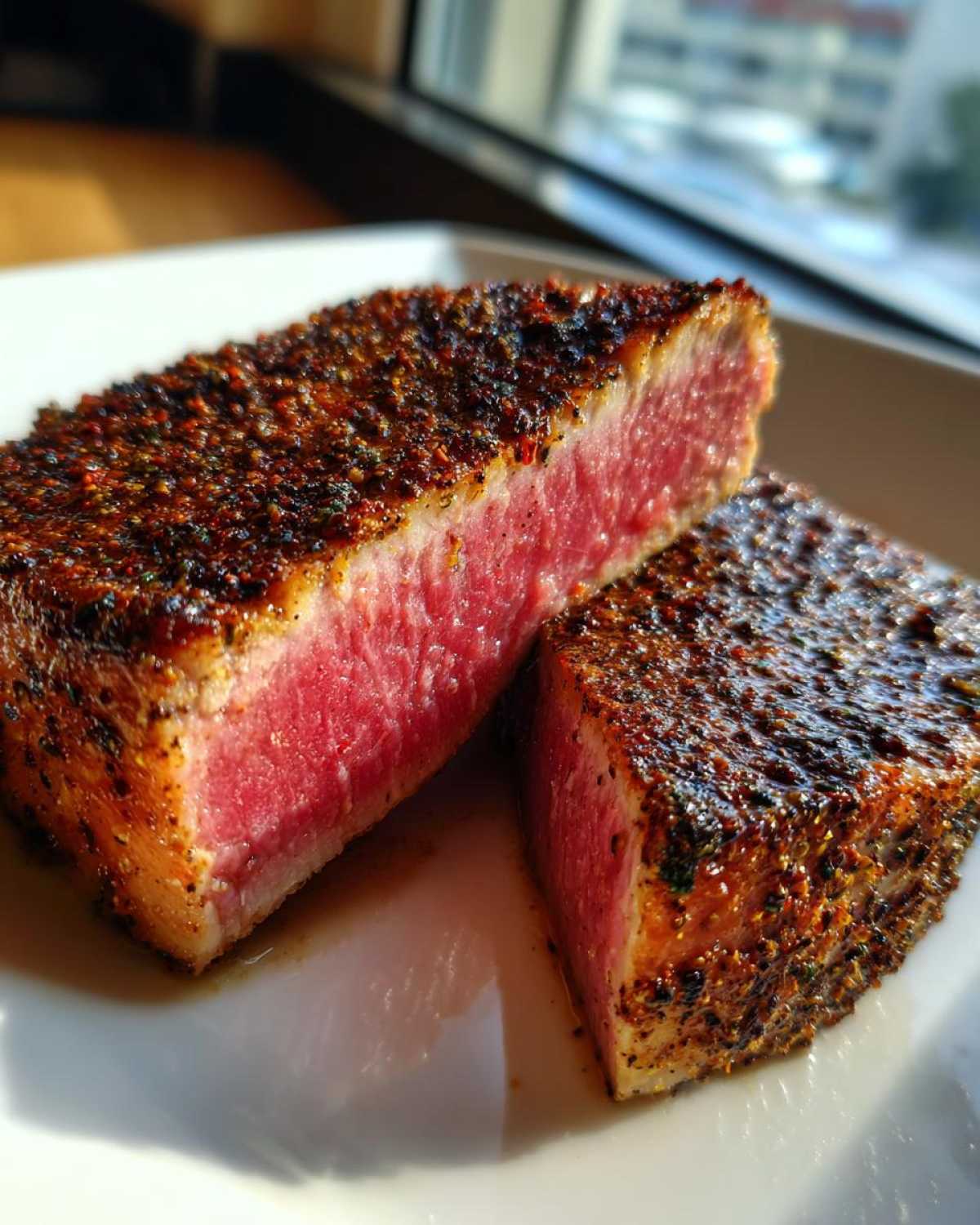 Close-up of a medium-rare Blackened Tuna Steak cut in half, showing a deep red center and dark spice crust.