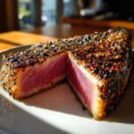 A thick, perfectly seared Blackened Tuna Steak, sliced in half to show a bright pink, medium-rare center.