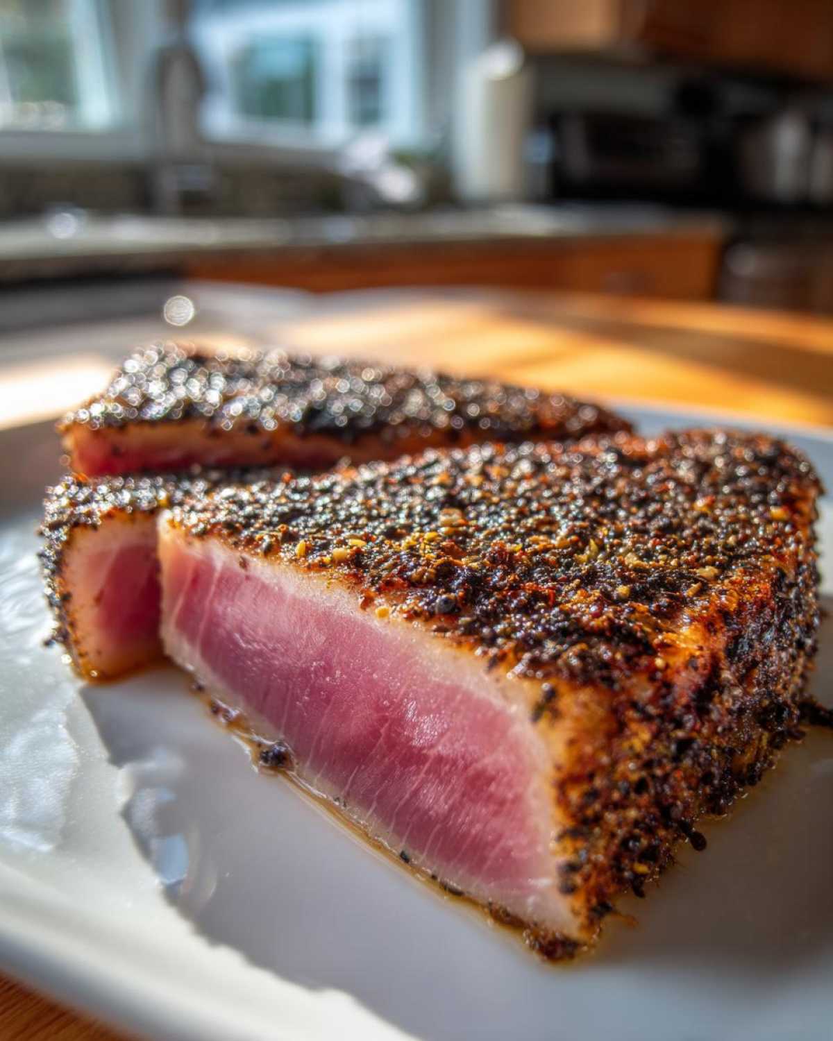 Close-up of a perfectly cooked Blackened Tuna Steak, sliced to show the bright pink, medium-rare center and dark spice crust.