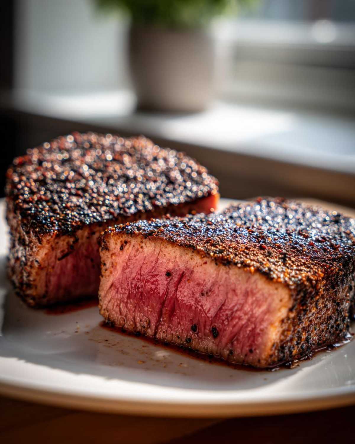 Two thick slices of medium-rare Blackened Tuna Steak on a white plate, showing a dark spice crust.