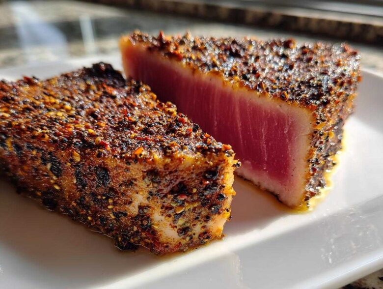 Two thick pieces of perfectly cooked Blackened Tuna Steak, showing a dark spice crust and bright pink, rare center.