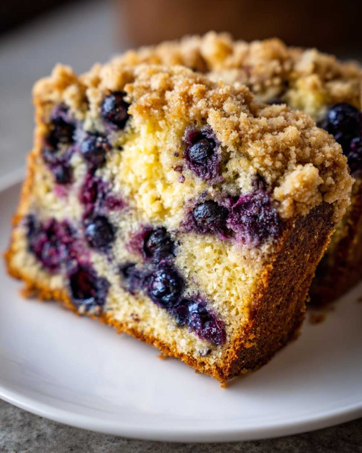 Close-up of a moist slice of blueberry banana bread featuring vibrant purple blueberries and a golden crumb topping.