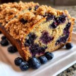A moist slice of blueberry banana bread featuring a crunchy streusel topping and bursting with fresh blueberries.