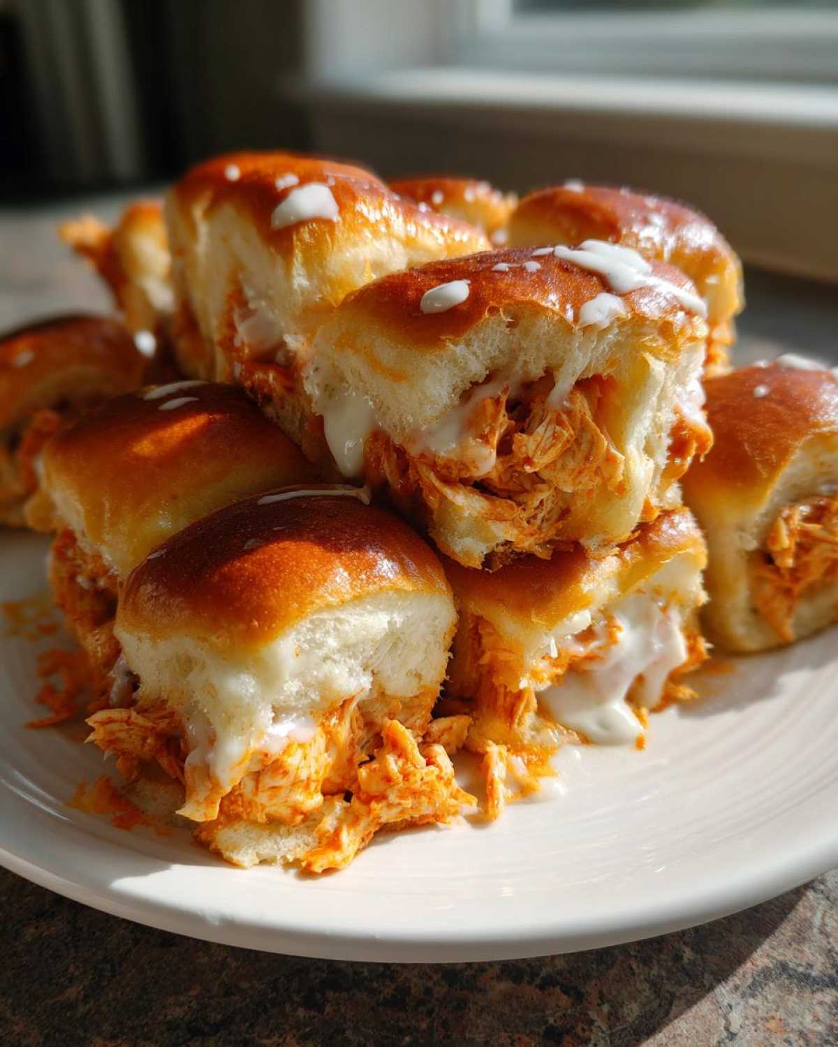 A stack of freshly baked buffalo chicken sliders cut in half, showing shredded orange filling and white drizzle.