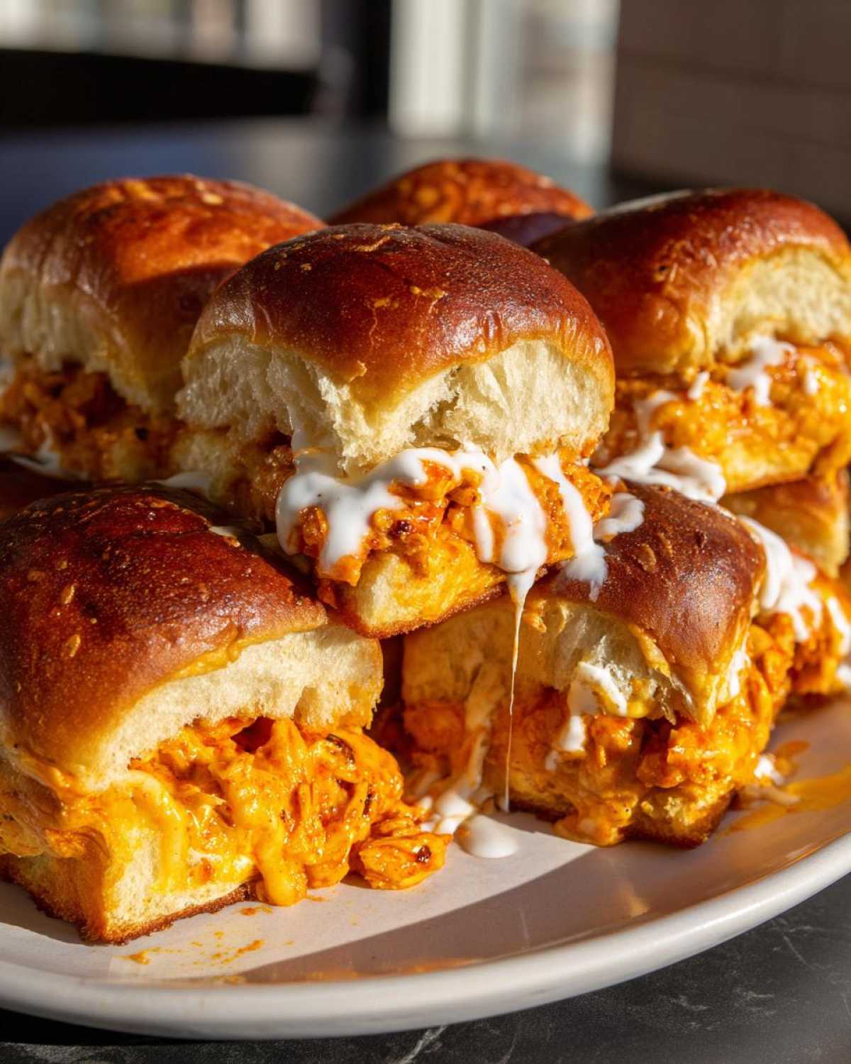 A pile of golden-brown buffalo chicken sliders overflowing with orange filling and drizzled with white ranch or blue cheese dressing.