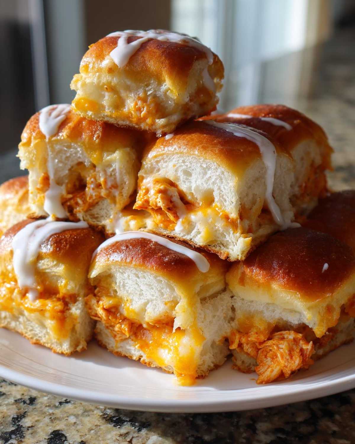 A stack of cheesy buffalo chicken sliders drizzled with a white sauce, showing the shredded orange filling.