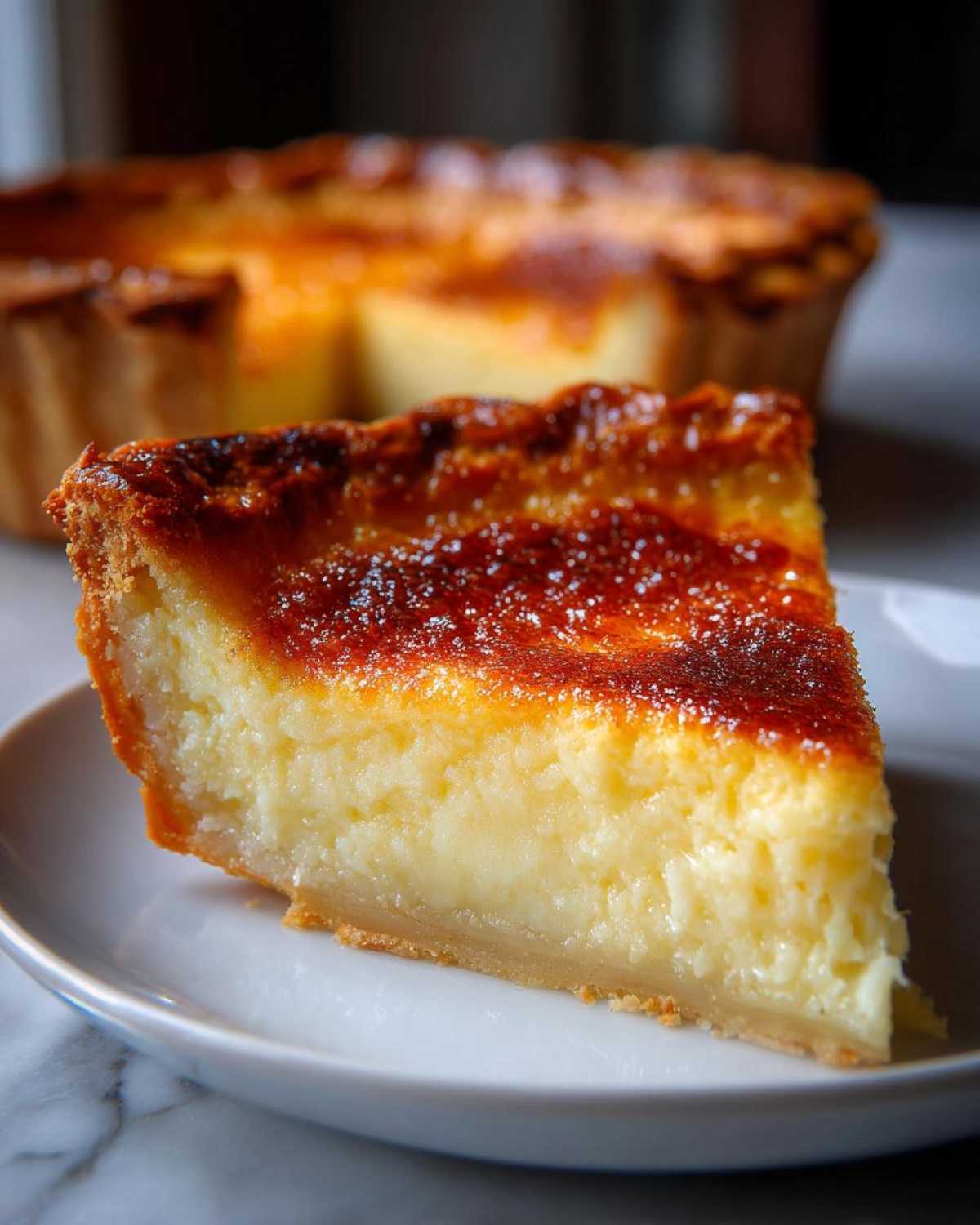 A close-up slice of rich buttermilk pie with a creamy yellow filling and a beautifully caramelized, browned top crust.